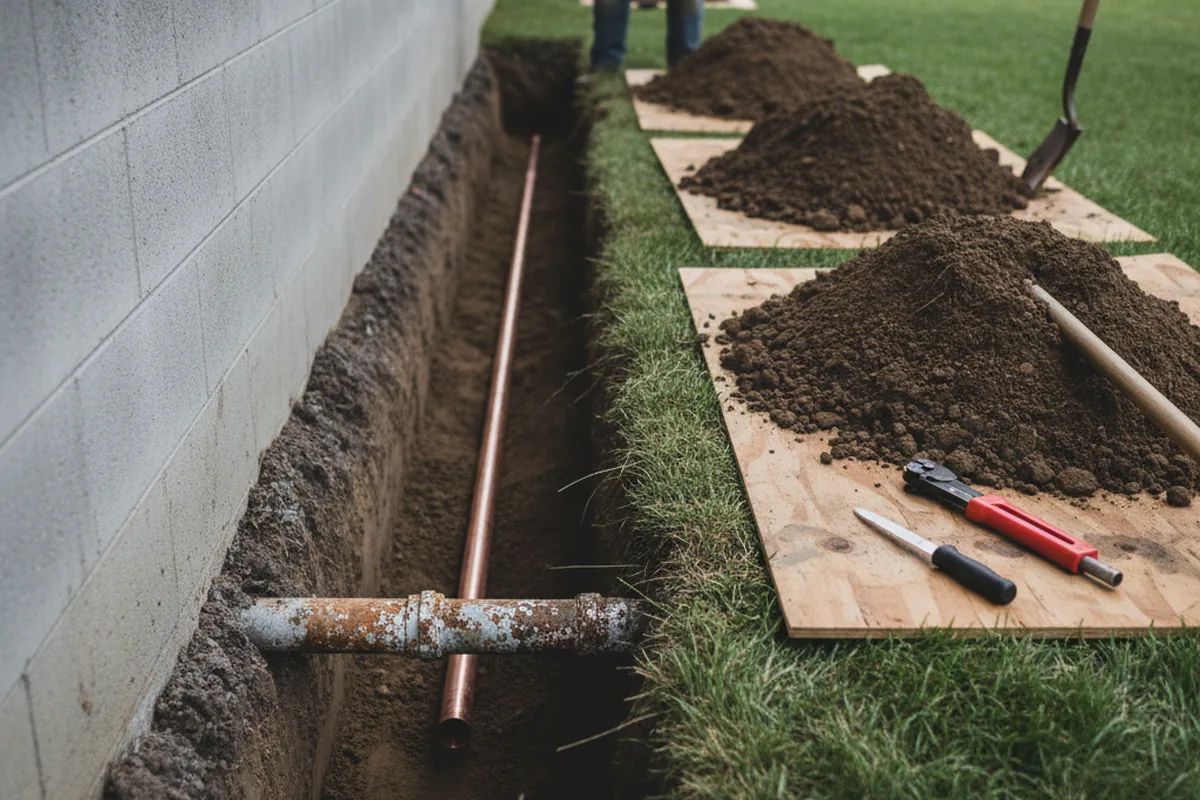 Excavated water line trench during Water Softener Installation in Marbury
